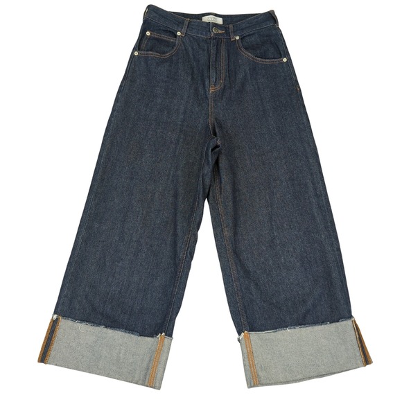 Lowrys Farm Denim Wide Leg Cropped Jeans Womens Size L Dark Wash Cuffed - Picture 1 of 12